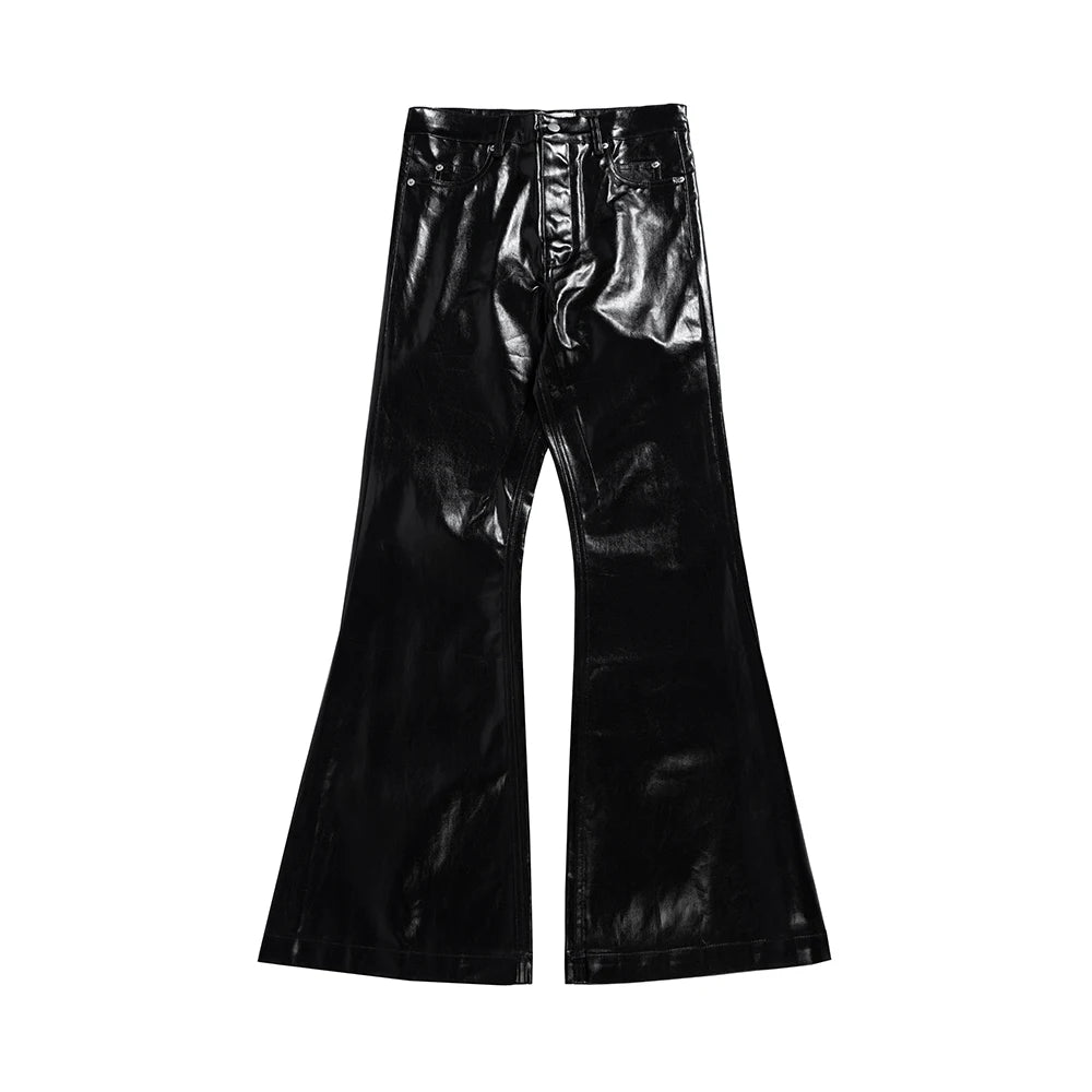High Street Wide Leg Glossy Pu Leather Pants Sashes Boot Cut Men and Wome Straight Baggy Casual Jeans Oversized Flared Trousers