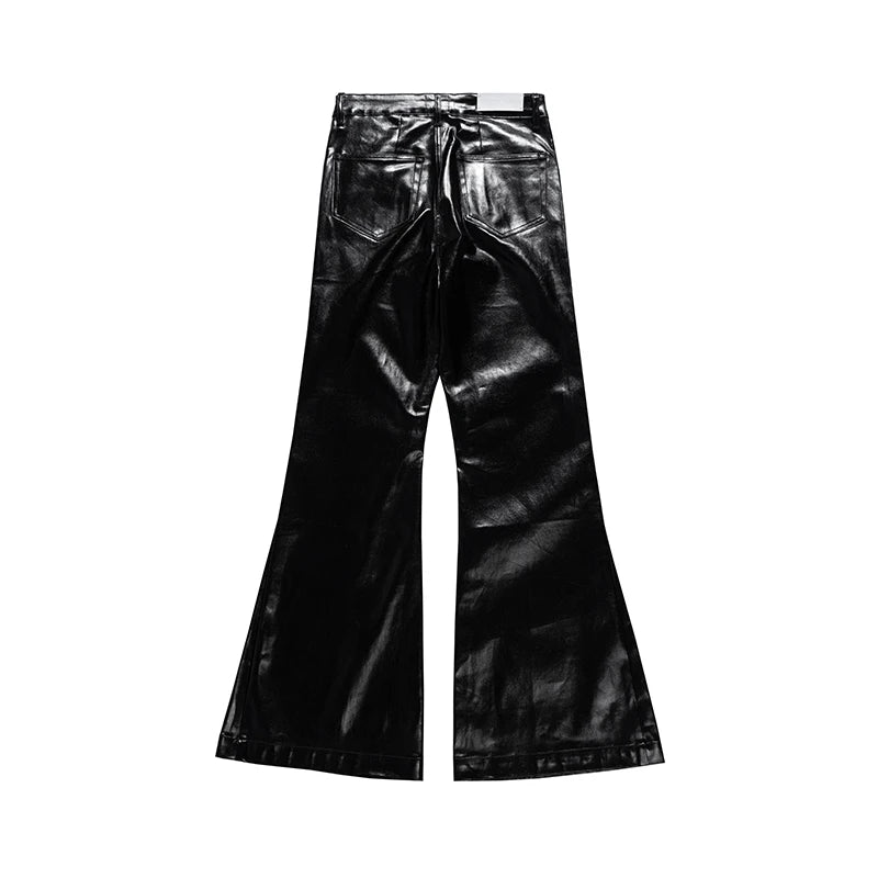 High Street Wide Leg Glossy Pu Leather Pants Sashes Boot Cut Men and Wome Straight Baggy Casual Jeans Oversized Flared Trousers