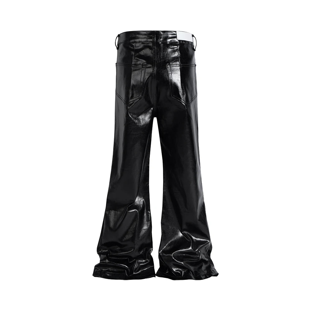 High Street Wide Leg Glossy Pu Leather Pants Sashes Boot Cut Men and Wome Straight Baggy Casual Jeans Oversized Flared Trousers